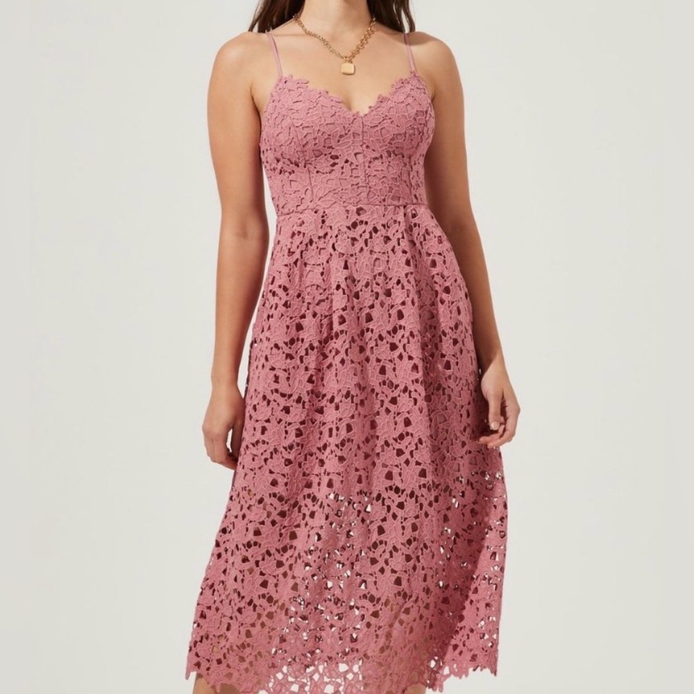 Lace Midi Dress with Spaghetti Straps - Dusty Rose